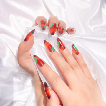 OPOOLA Almond Press on Nails Medium, Multi color printing,OPOOLA Rainbow Jelly Soft Gel Fake Nails for Women Fit Natural,  Stick on Nails Reusable, 24pcs False Nails with Design Glue Art Kit